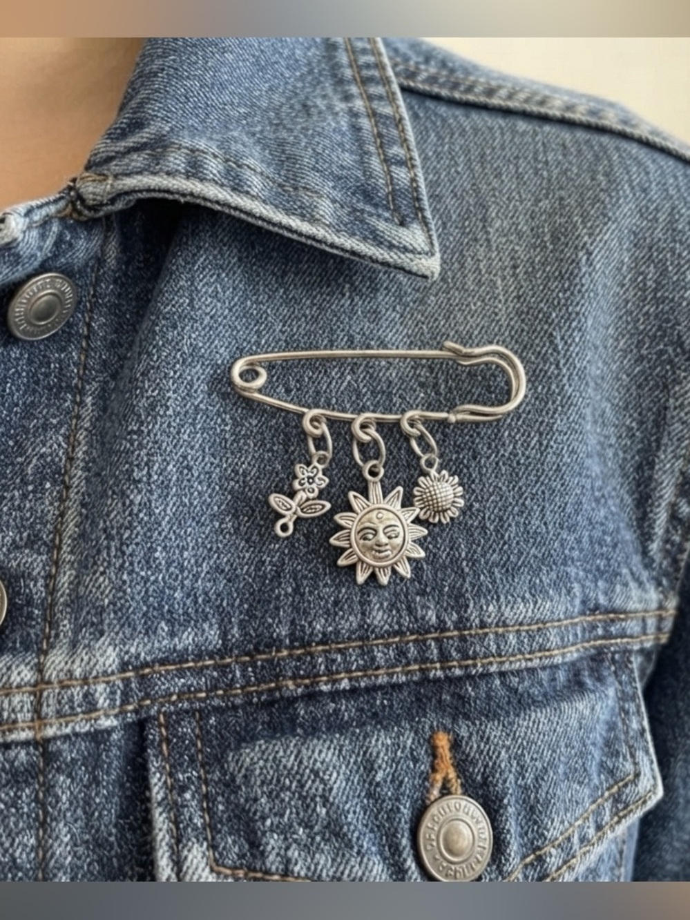Handcrafted Charm Safety Pin Brooch- Silver Tone Flower, Sun, and Sunflower